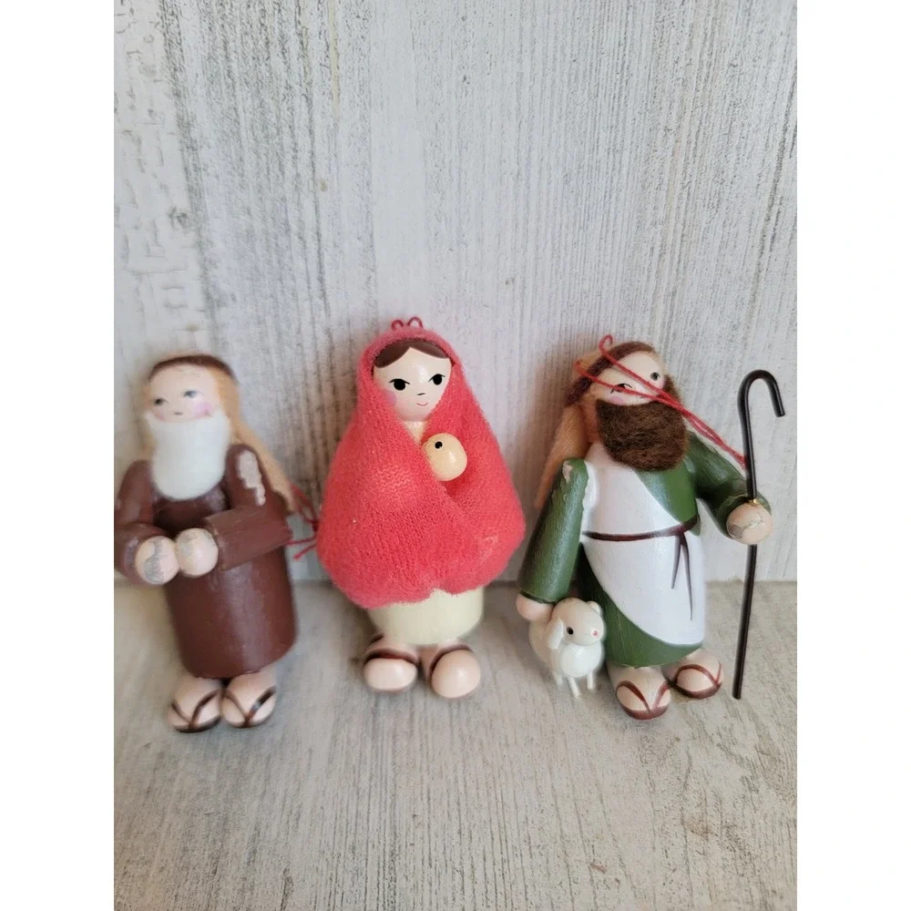Vintage Mary Joseph nativity seeing Shepherd wooden ornament Xmas set religious